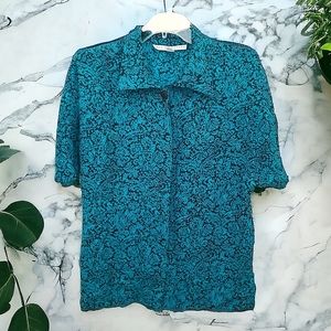 Paul Alexander 100% Silk Blue Jacquard Button Down Short Sleeve Blouse Size 10